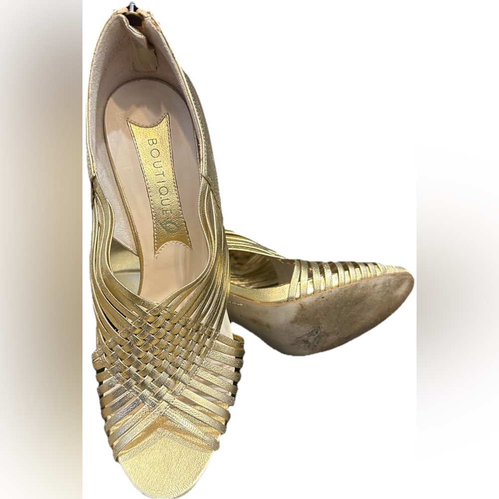 Boutique 9 Metallic Gold Woven Peep-Toe Heels Sz 10M - Picture 4 of 9